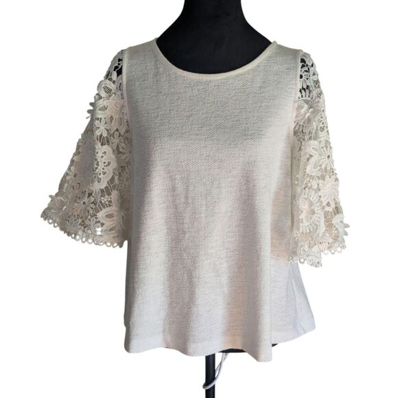 Anthropologie Eri + Ali Lace Bell Sleeve Top XS White Textured Crocheted - Picture 1 of 7
